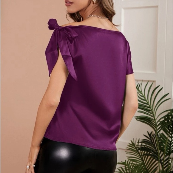 Luxe Satin Tie Shoulder Asymmetrical Neck Top Blouse Shirt Pruple - Picture 2 of 16